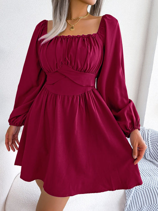 Tied Square Neck Balloon Sleeve Dress