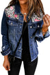 Mixed Print Distressed Button Front Denim Jacket