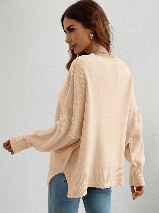 Exposed Seam Dropped Shoulder Slit Sweater