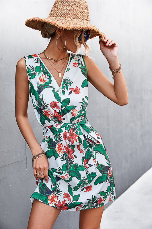 Printed Zip Detail Belted Sleeveless Dress