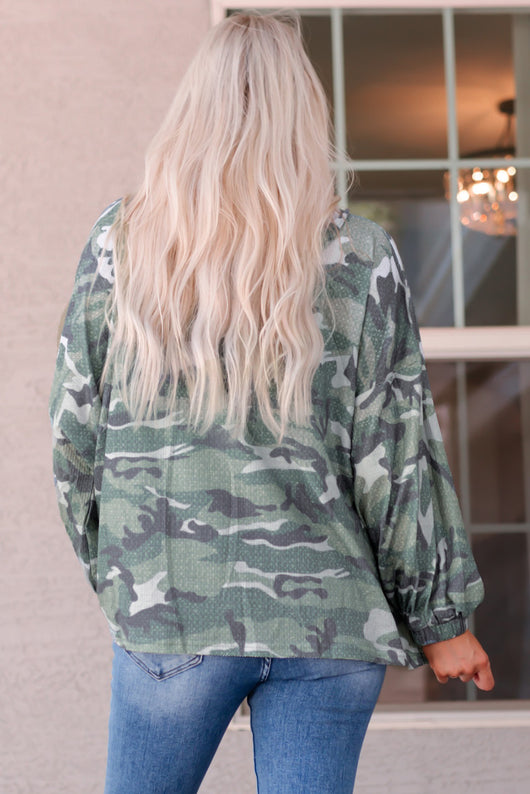 Camouflage Buttoned Dropped Shoulder Hoodie