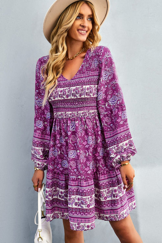 Bohemian V-Neck Balloon Sleeve Dress