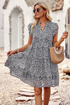 Floral Flutter Sleeve Notched Neck Tiered Dress