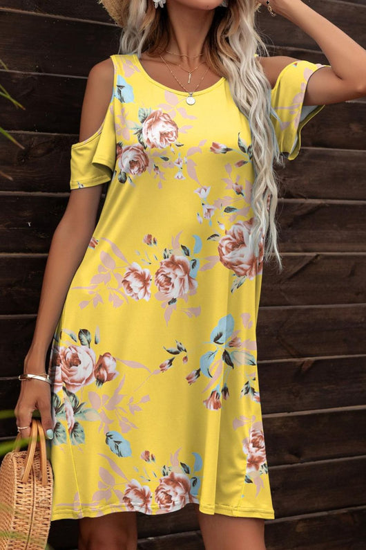 Floral Round Neck Cold-Shoulder Dress