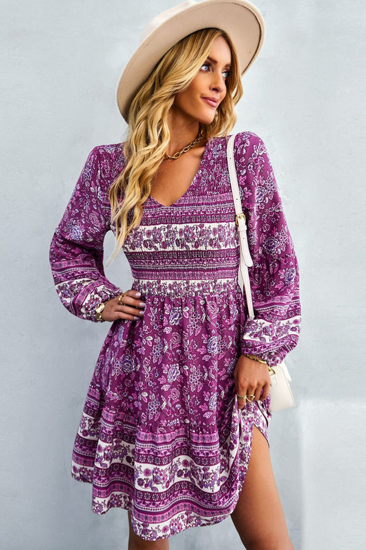 Bohemian V-Neck Balloon Sleeve Dress