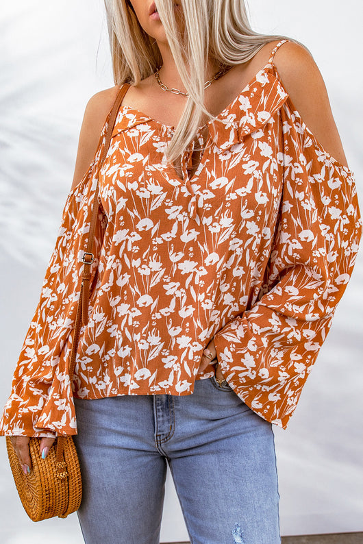 Floral Cold-Shoulder Flare Sleeve Blouse