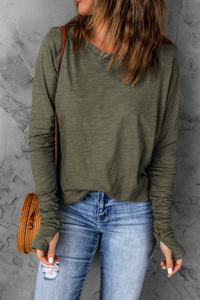 Thumbhole Long Sleeve Round Neck Top